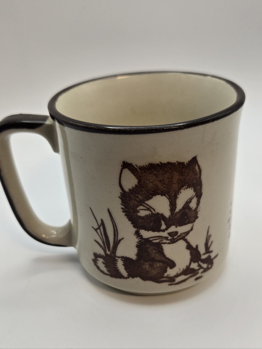 Japanese Pottery Vintage Raccoon and Fish Image Mug Brown And Tan